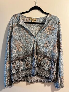 RAFAEL Floral Button-Front Long Sleeve Top in Blue & Tan